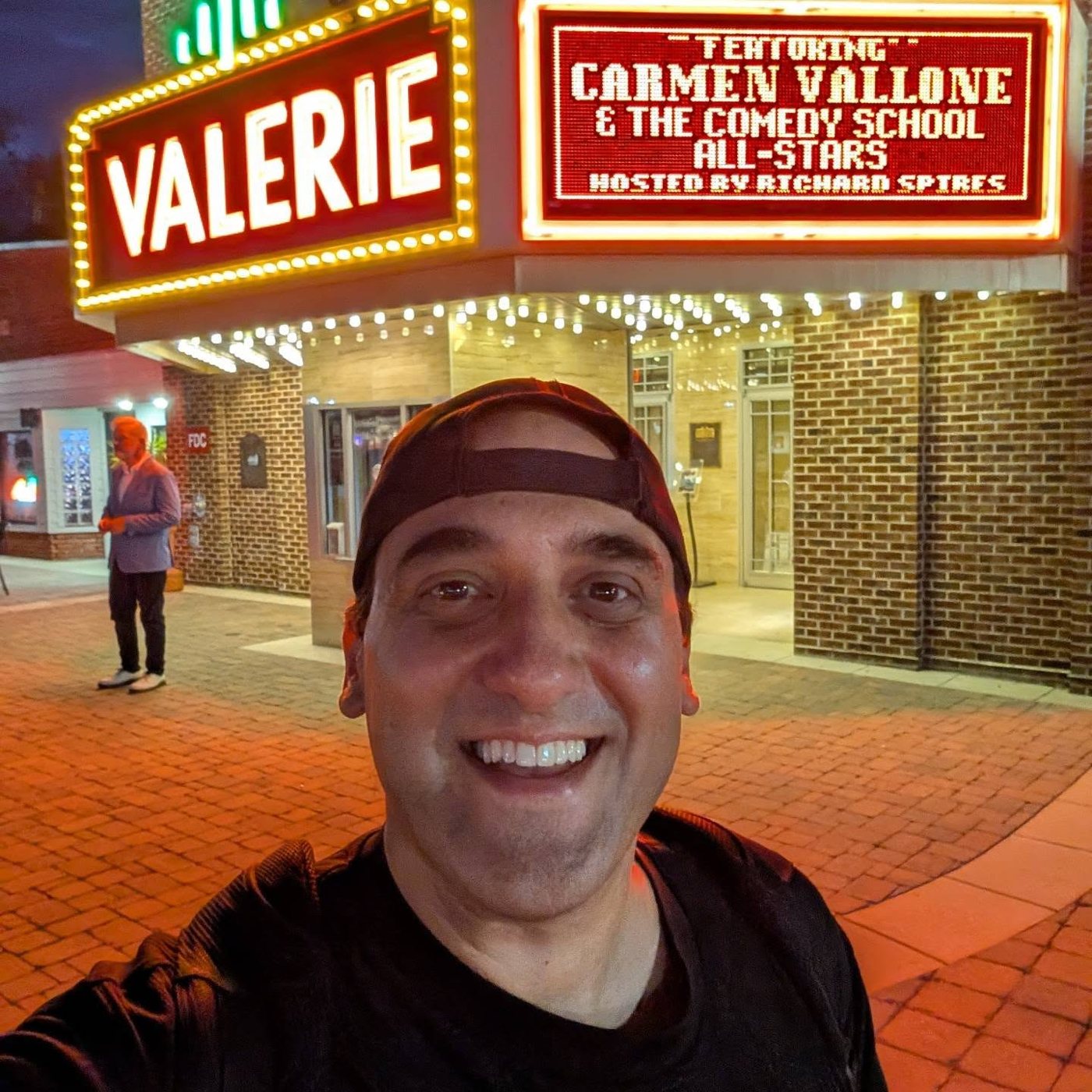 Theater marquee reading Carmen Vallone and the Comedy School All-Stars