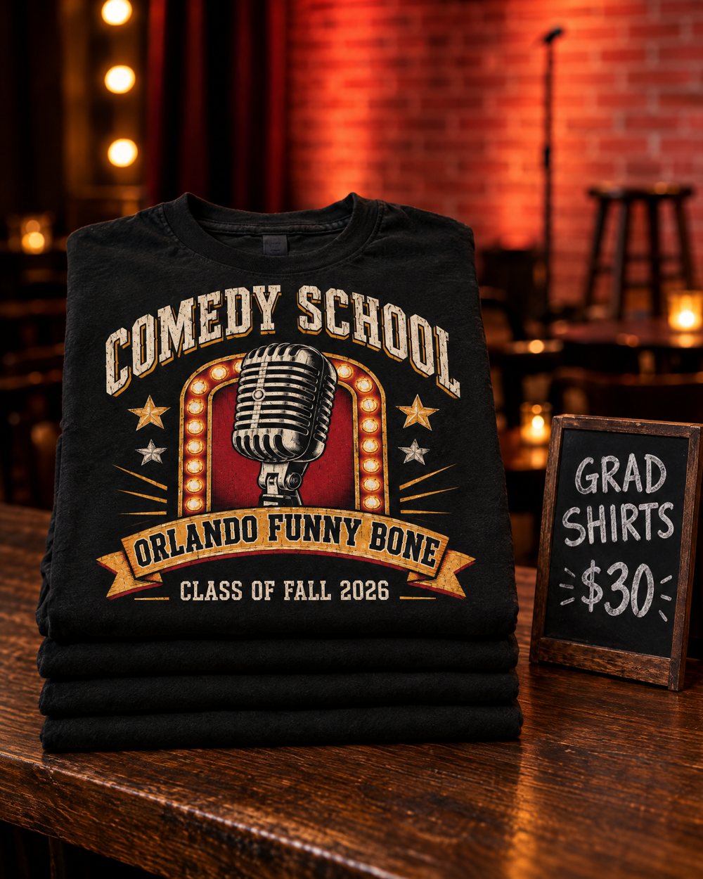 Stack of Comedy School grad shirts on a merch table